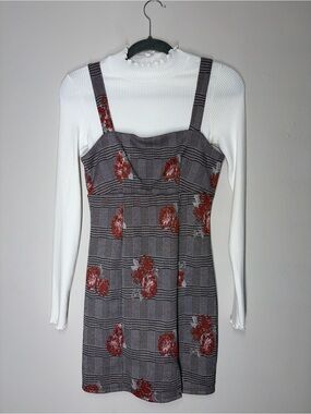American Eagle Outfitters Gray Plaid Mini Dress with Red Floral Print